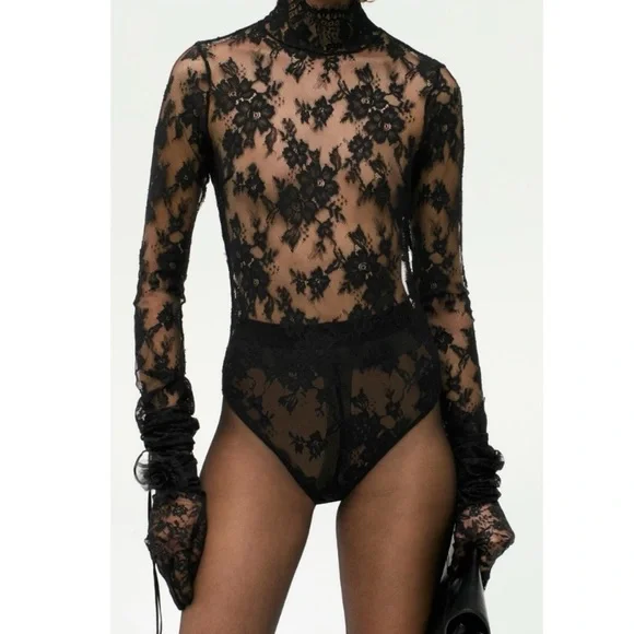 ZARA Floral Eyelash Black Lace Open Back Mock Neck Bodysuit - Picture 15 of 15
